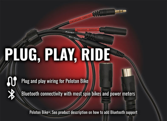 Wiring harness with plugs and connectors on a dark background, featuring text about Peloton Bike compatibility.

Heading: Plug, Play, Ride
Wire icon with text: Plug and play wiring for Peloton Bike
Bluetooth icon: Bluetooth connectivity with most spin bikes and power meters
Small text: Peloton Bike+: See product description on how to add bluetooth support